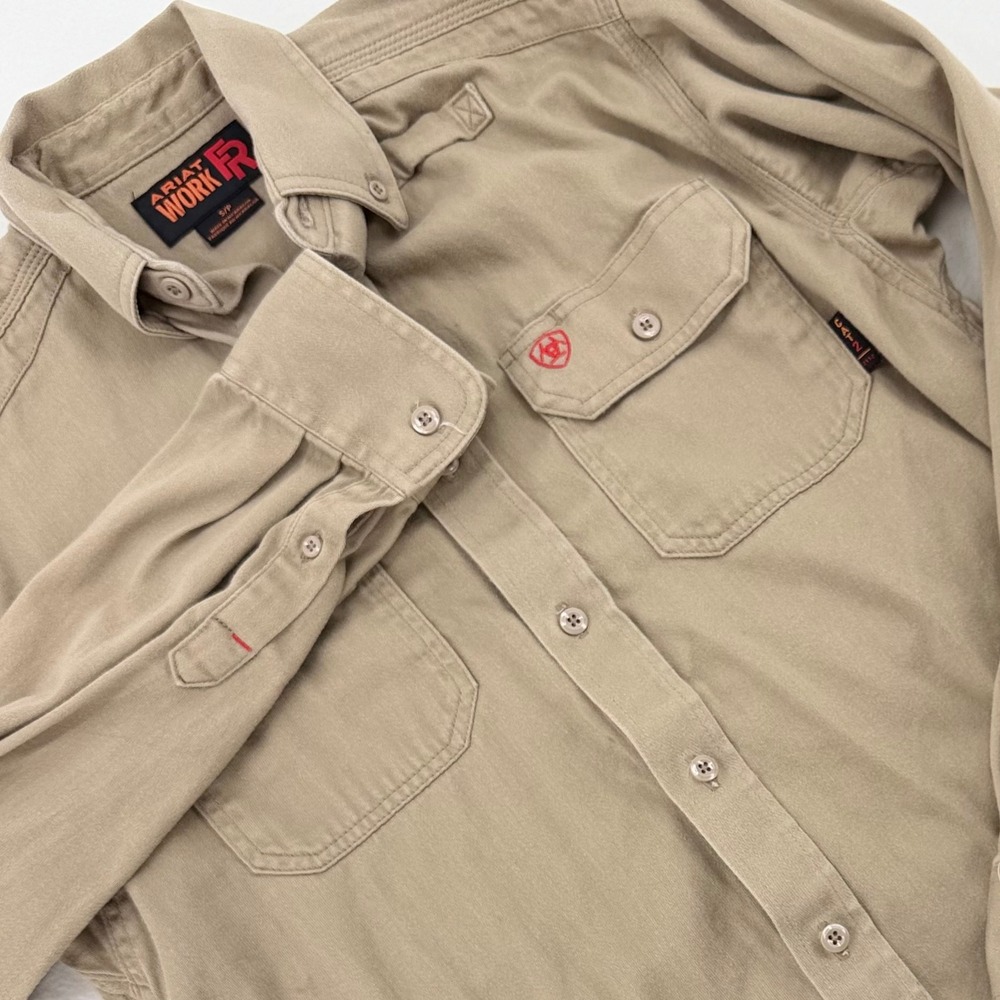 Ariat FR Work Shirt Mens Small Khaki Flame Resistant CAT 2 Solid 10012251